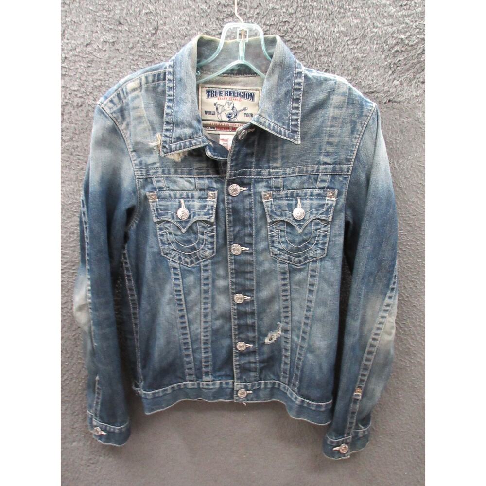 True Religion Bobcat Trucker Jacket Mens Small Blue Denim Distressed Y2K